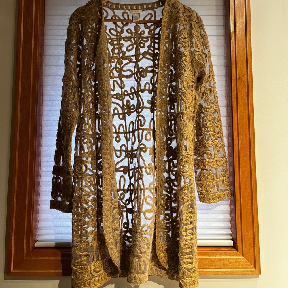 CHICOS NWOTOpenwork Crochet Long Cardigan Sweater - Olive Brown